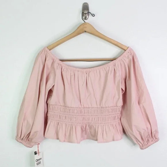 A04 Open Edit Off the Shoulder Blouse Poplin Organic Cotton Peplum Crop Top sz S - Picture 5 of 6